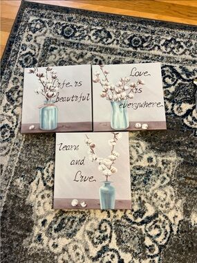 Cotton Branch Wall Art Trio in Soft Blue and Neutral Tones